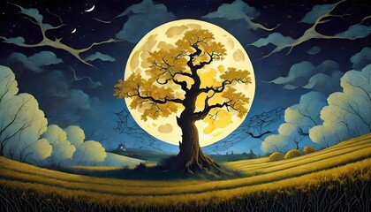 Wall Mural - landscape with moon and tree