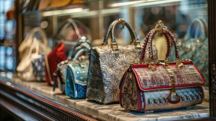 Poster - A display case filled with various purses