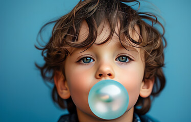 Wall Mural - a pretty little boy inflating a bubble of chewing gum