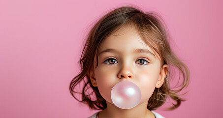 Wall Mural - a pretty little girl inflating a bubble of chewing gum