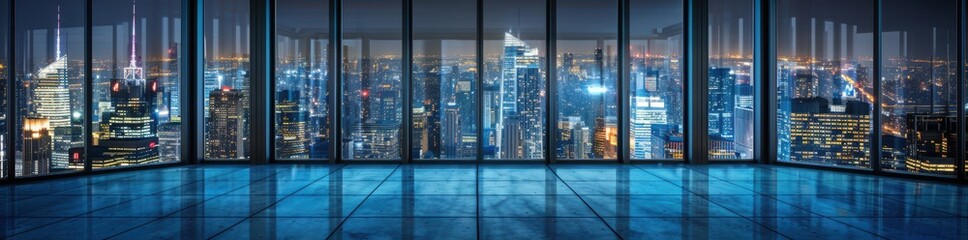 Wall Mural - empty office room with floor to ceiling windows overlooking the city skyline at night, skyscrapers, city lights