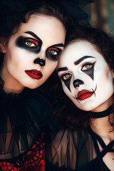 Banner two young women with sinister makeup at a Halloween party. Halloween background.