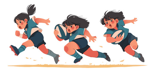 Wall Mural - cartoon illustration of a young girl playing rugby, running with a ball, happy, wearing a blue jersey