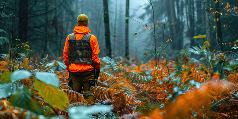 A hunter wears orange safety gear while hunting in a forest, distinguishing themselves from potential targets.