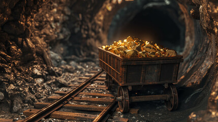 a gold mine tunnel with a mining cart on rails filled with shiny, glossy gold nuggets. refining of g