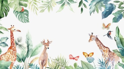 Naklejka na meble Delicate watercolor animals and vibrant plants create a frame, perfect for your text.