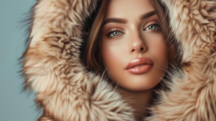 Wall Mural - A woman wears a fur coat with a hood, possibly to stay warm or maintain anonymity