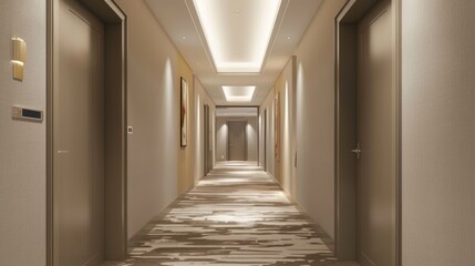 Sticker - A long hallway with a lighted ceiling and doors