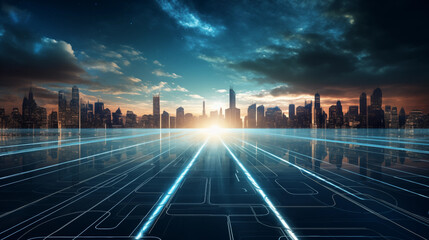 Wall Mural - Sunset city skyline and technology data glass road