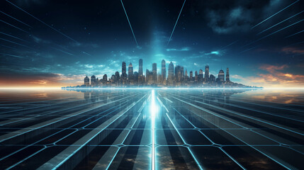 Wall Mural - Sunset city skyline and technology data glass road