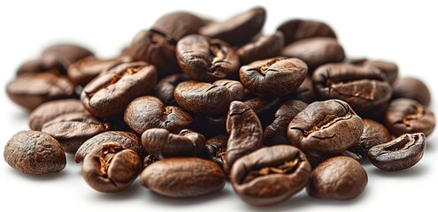 Wall Mural - A number of dark brown coffee beans on a white background