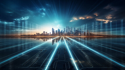 Wall Mural - Sunset city skyline and technology data glass road