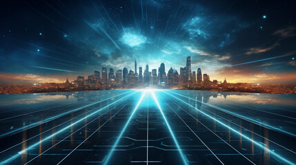 Wall Mural - Sunset city skyline and technology data glass road