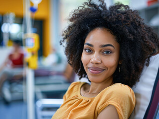 Wall Mural - A woman with curly hair is smiling and wearing a yellow shirt