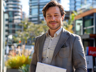 Wall Mural - A man in a suit is smiling and holding a piece of paper