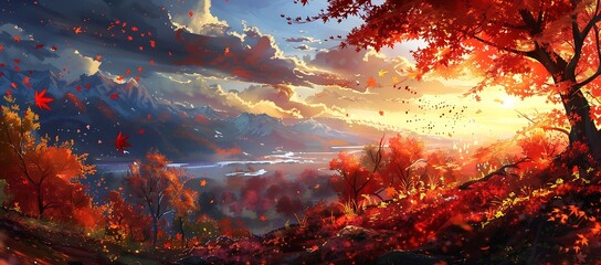 Wall Mural - Autumnal Landscape with Red Leaves and Mountain Range