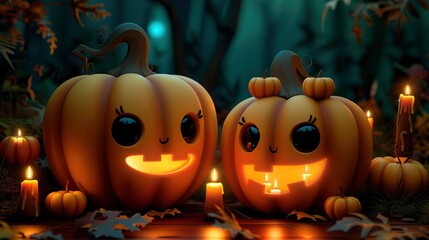 Poster - cute cartoon pumpkins with candles in a spooky forest