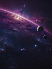 Wall Mural - Surreal purple galactic wallpaper with planets and stars for a unique cosmic look