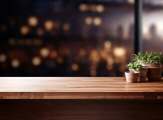 Wall Mural - Empty wooden surface with small potted plants on a blurred city scape at the night background