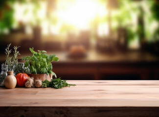 Wall Mural - Empty wooden table with fresh herbs and spices in a rustic kitchen blurred sunlight background