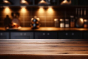 Wall Mural - Empty wooden tabletop with a blurred background of home kitchen