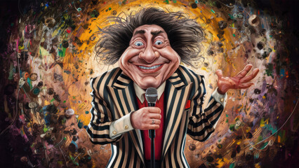 Wall Mural - A cartoon of a man in striped jacket holding microphone, AI