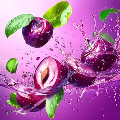 Poster - Vibrant purple plums splashing in water with green leaves on a pink background. Fresh and juicy fruit concept. Creative food photography for healthy living and diet promotion. AI