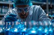 © Shah Mosaic - Scientist in laboratory analyzing blue substance in beaker, conducting medical research for pharmaceutical discovery, biotechnology development in healthcare, science and chemistry, Generative AI