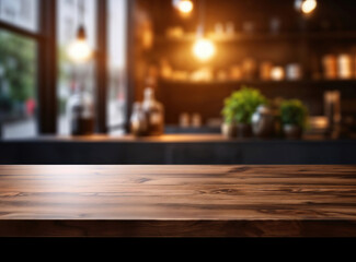 Poster - Empty wooden tabletop standing in front of blurred cafe background with warm light