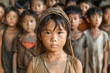 Group portrait of young asian children forced into labor, working in a dirty factory, facing poverty and abuse, concept of child slavery, Generative AI