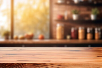 Aufkleber - Empty wooden tabletop with blurred kitchen background sunshine, ideal for product placement