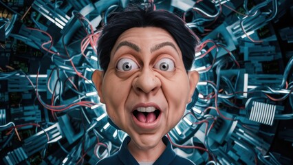 Poster - A cartoon character with a shocked expression in front of wires, AI