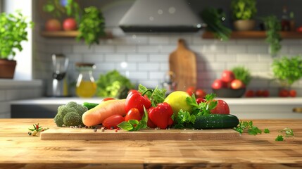 Kitchen table with various fresh vegetables and fruits for healthy and diet food with copy space.