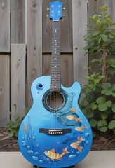 Blue guitar with lovely tropical fish texture