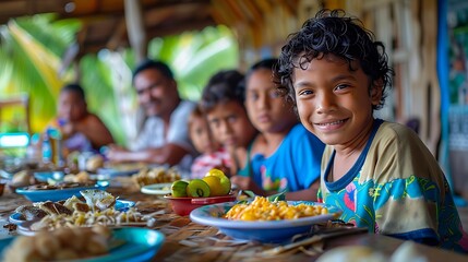 Family of Nauru. Nauruan.A joyful child smiles at the camera while enjoying a vibrant meal with family in a tropical setting. #fotw