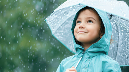 joyful girl in butterfly raincoat exploring rainy stream, boots leaving ripples in water