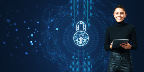 Poster - Woman holding tablet with digital padlock overlay on dark background, cyber security concept.