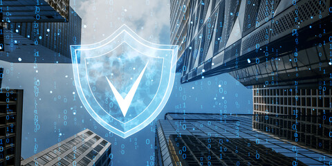 Poster - Shield icon overlay with check mark against skyscrapers and digital binary codes background.