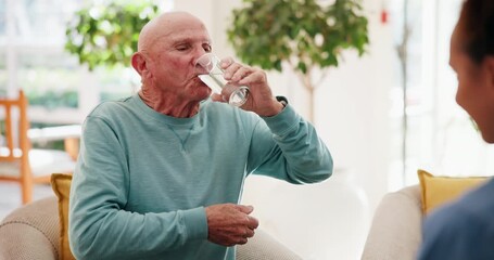 Canvas Print - Old man, caregiver or drinking water in nursing home for health with prescription, antibiotics or wellness. Safety, retirement or elderly care with patient for arthritis pain, supplements or dementia