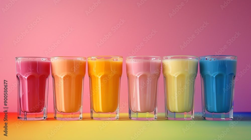 Colorful Juice Glasses Aligned In A Row On A Gradient Background Each 