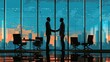 © Vikarest - Illustration of Two Businessmen Shaking Hands in a Meeting Room with a City Skyline View