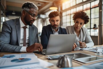 Strategic Collaboration: A diverse business team huddles around a laptop, intensely focused on data analysis and project planning in their modern office.