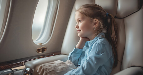 child looking outside from the airplane window