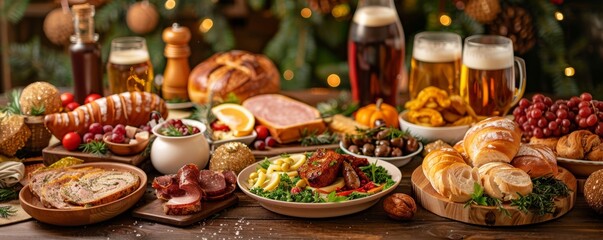 Rustic table set with an array of Bavarian delicacies under festive decor.