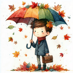 Poster - Cute cartoon person with umbrella on white background. AI 