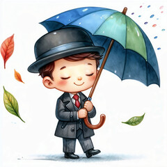 Poster - Cute cartoon person with umbrella on white background. AI 