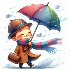 Sticker - Cute cartoon person with umbrella on white background. AI 