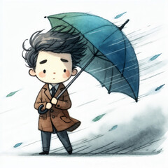 Poster - Cute cartoon person with umbrella on white background. AI 