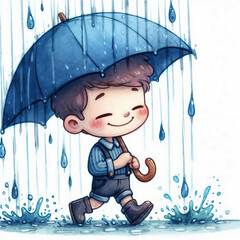 Poster - Cute cartoon person with umbrella on white background. AI 