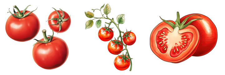 Wall Mural - set clipart cherry tomatoes watercolor illustration png isolated on a transparent background,  harvest clipart	